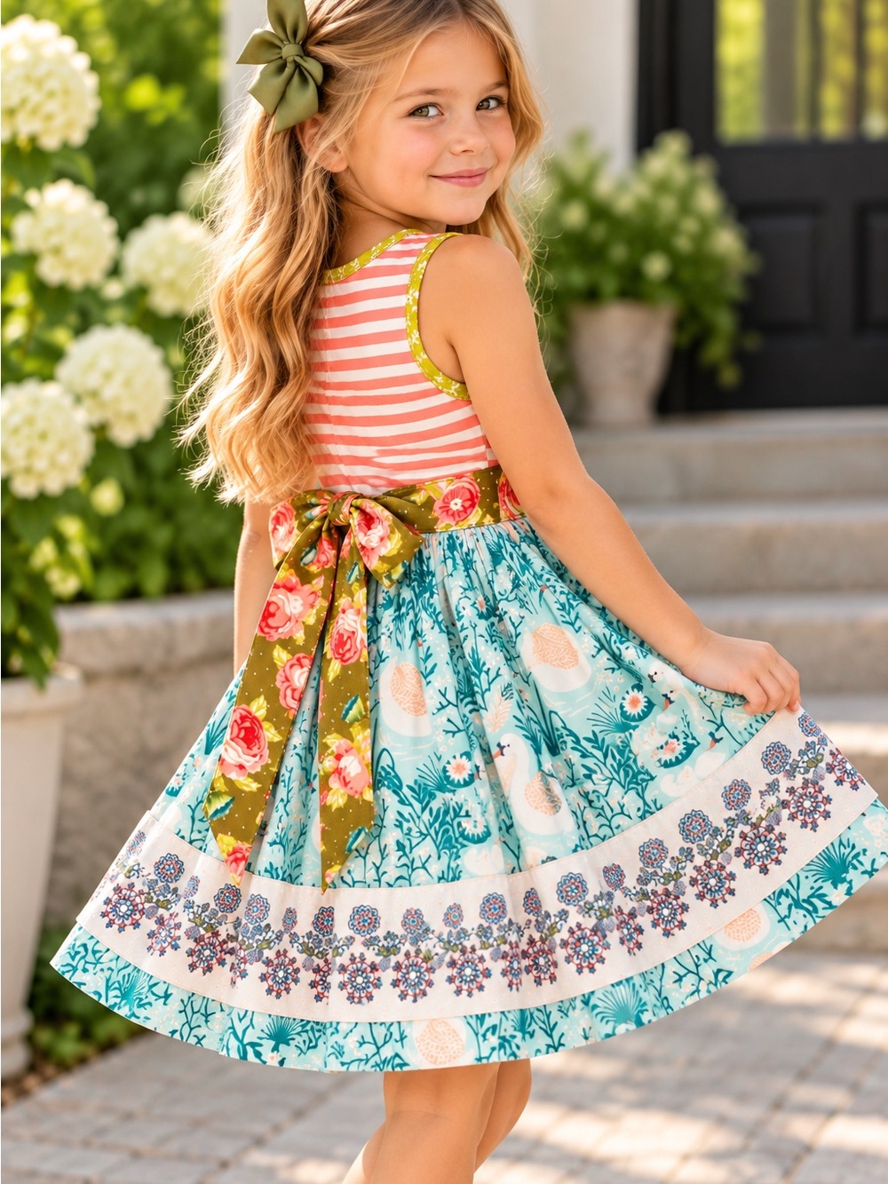 Wild Flowers Girls Size 4 Floral Swan Twirl Dress Tie Waist
